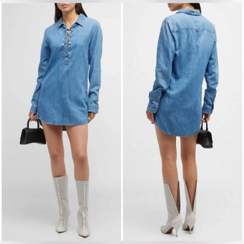 MOTHER Denim The Lace-Up Linen-Blend Shirt Dress Jean Mini Dress Size XS